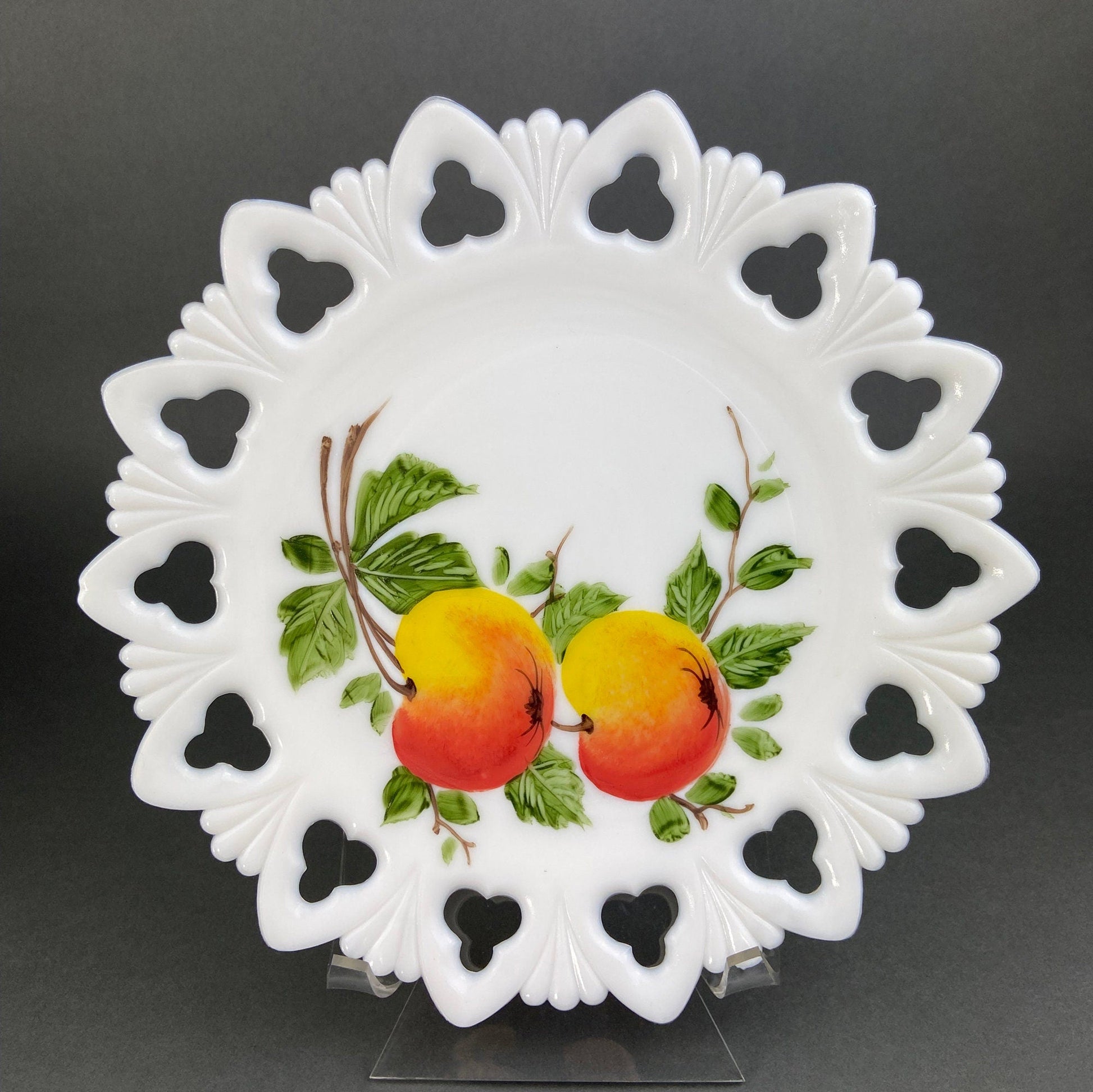 Westmoreland Milk Glass Decorative Plates with Hand Painted Violets,  Cherry Blossom, and Fruit.  Set of Four Plates with Reticulated Rim. - Tampa Home & Garden Store