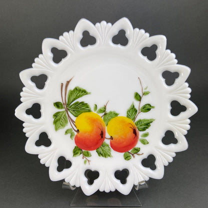 Westmoreland Milk Glass Decorative Plates with Hand Painted Violets,  Cherry Blossom, and Fruit.  Set of Four Plates with Reticulated Rim. - Tampa Home & Garden Store