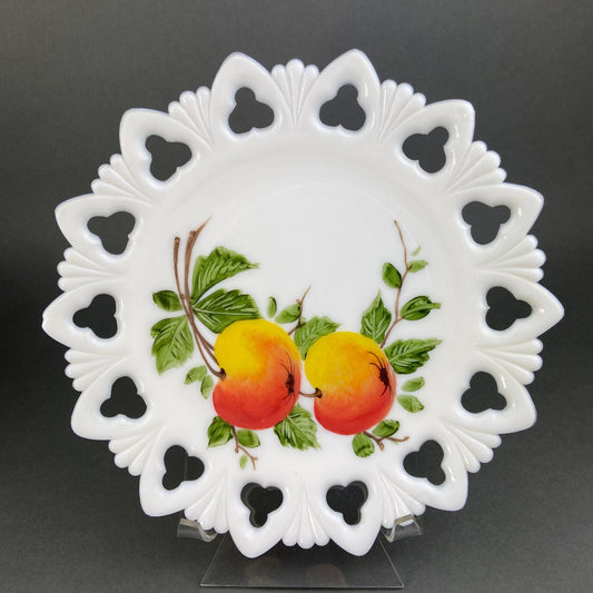 Westmoreland Milk Glass Decorative Plates with Hand Painted Violets,  Cherry Blossom, and Fruit.  Set of Four Plates with Reticulated Rim. - Tampa Home & Garden Store