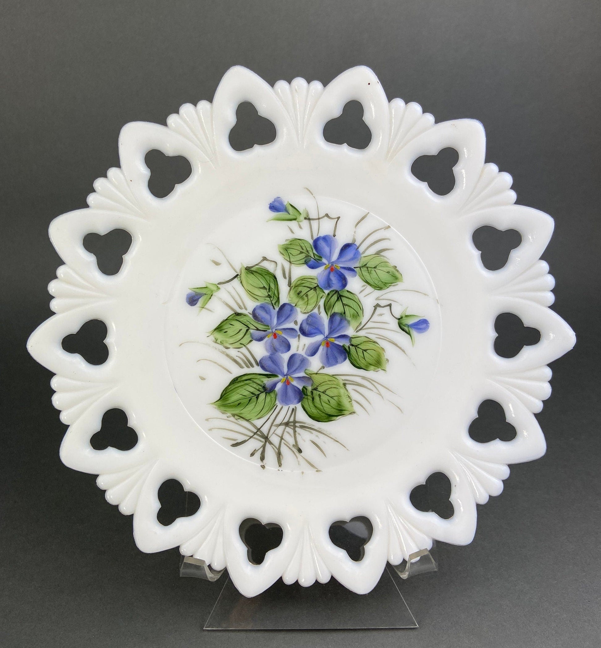 Westmoreland Milk Glass Decorative Plates with Hand Painted Violets,  Cherry Blossom, and Fruit.  Set of Four Plates with Reticulated Rim. - Tampa Home & Garden Store