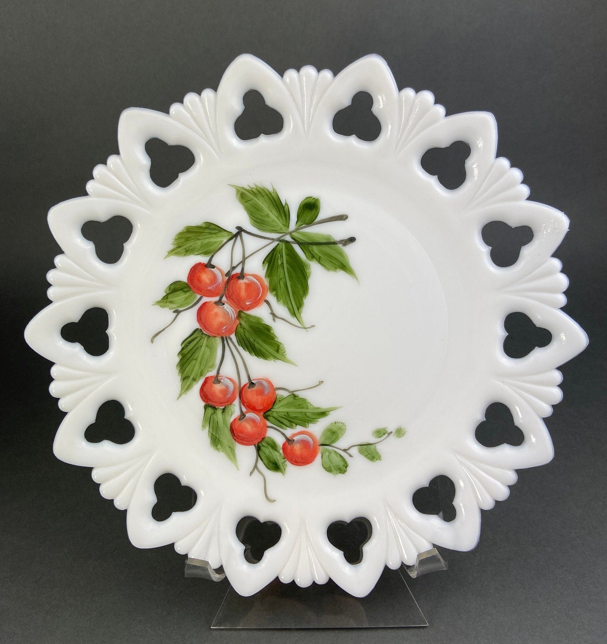 Westmoreland Milk Glass Decorative Plates with Hand Painted Violets,  Cherry Blossom, and Fruit.  Set of Four Plates with Reticulated Rim. - Tampa Home & Garden Store