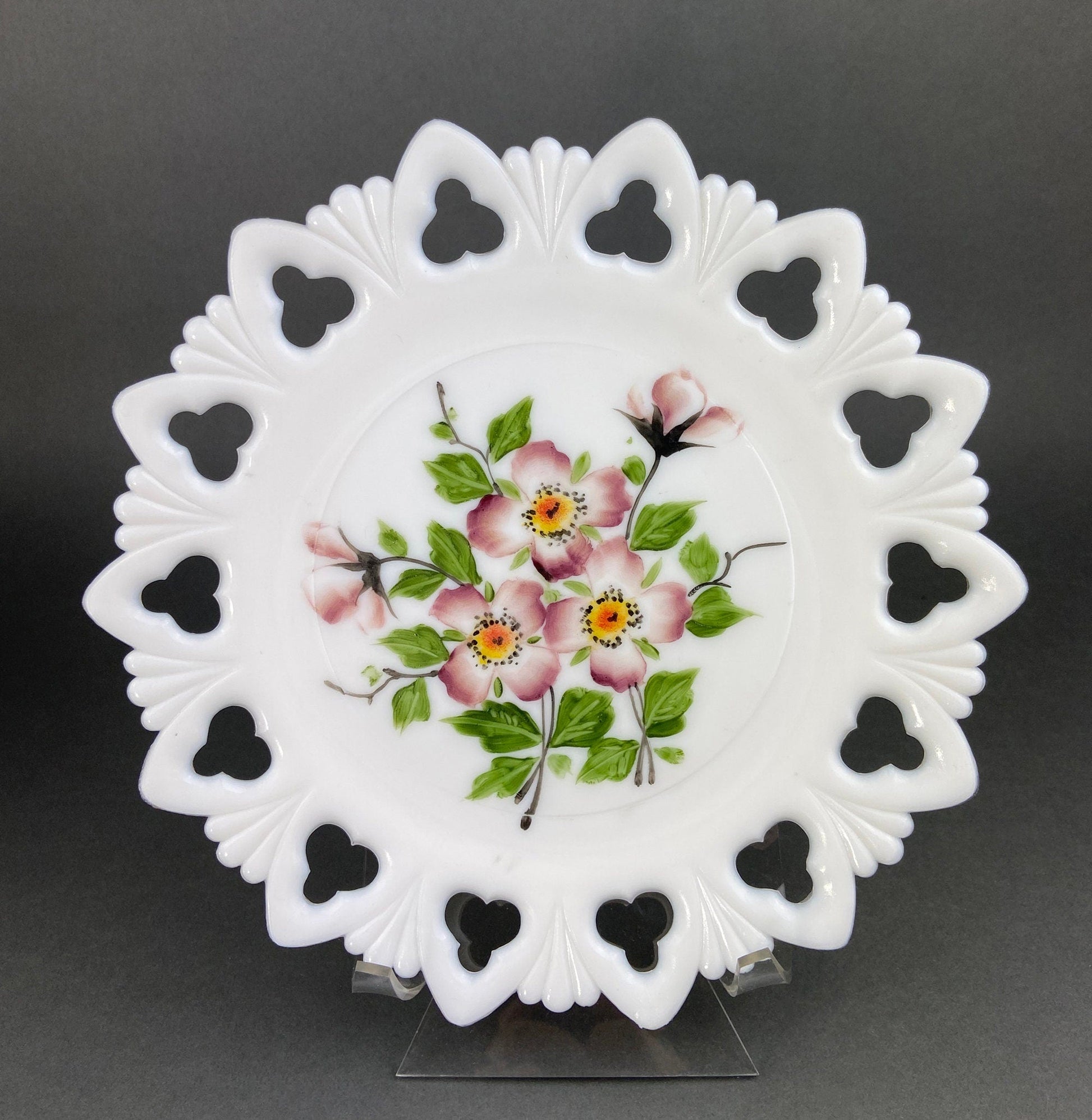 Westmoreland Milk Glass Decorative Plates with Hand Painted Violets,  Cherry Blossom, and Fruit.  Set of Four Plates with Reticulated Rim. - Tampa Home & Garden Store