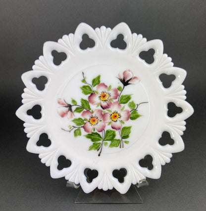 Westmoreland Milk Glass Decorative Plates with Hand Painted Violets,  Cherry Blossom, and Fruit.  Set of Four Plates with Reticulated Rim. - Tampa Home & Garden Store