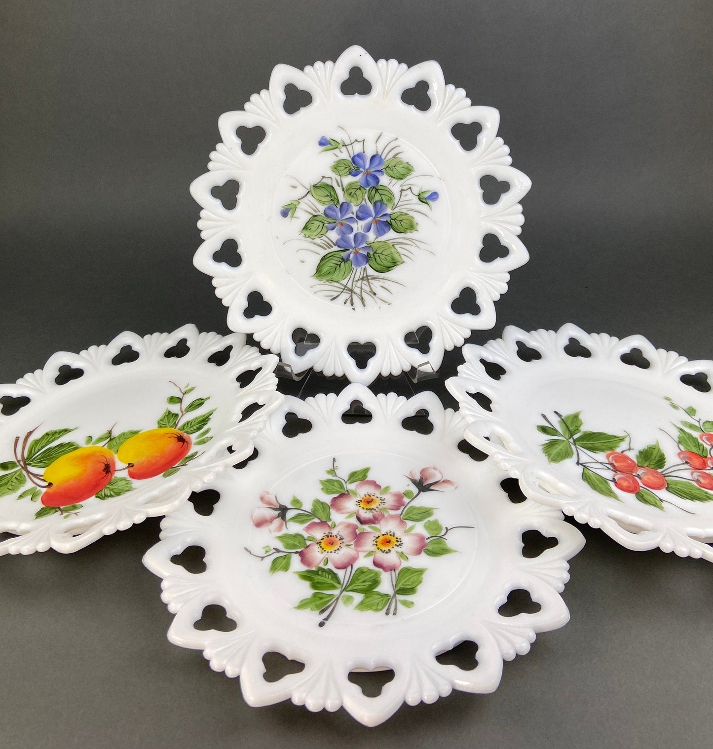 Westmoreland Milk Glass Decorative Plates with Hand Painted Violets,  Cherry Blossom, and Fruit.  Set of Four Plates with Reticulated Rim. - Tampa Home & Garden Store