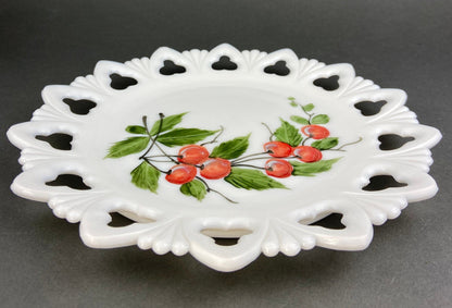 Westmoreland Milk Glass Decorative Plates with Hand Painted Violets,  Cherry Blossom, and Fruit.  Set of Four Plates with Reticulated Rim. - Tampa Home & Garden Store