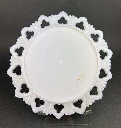 Westmoreland Milk Glass Decorative Plates with Hand Painted Violets,  Cherry Blossom, and Fruit.  Set of Four Plates with Reticulated Rim. - Tampa Home & Garden Store