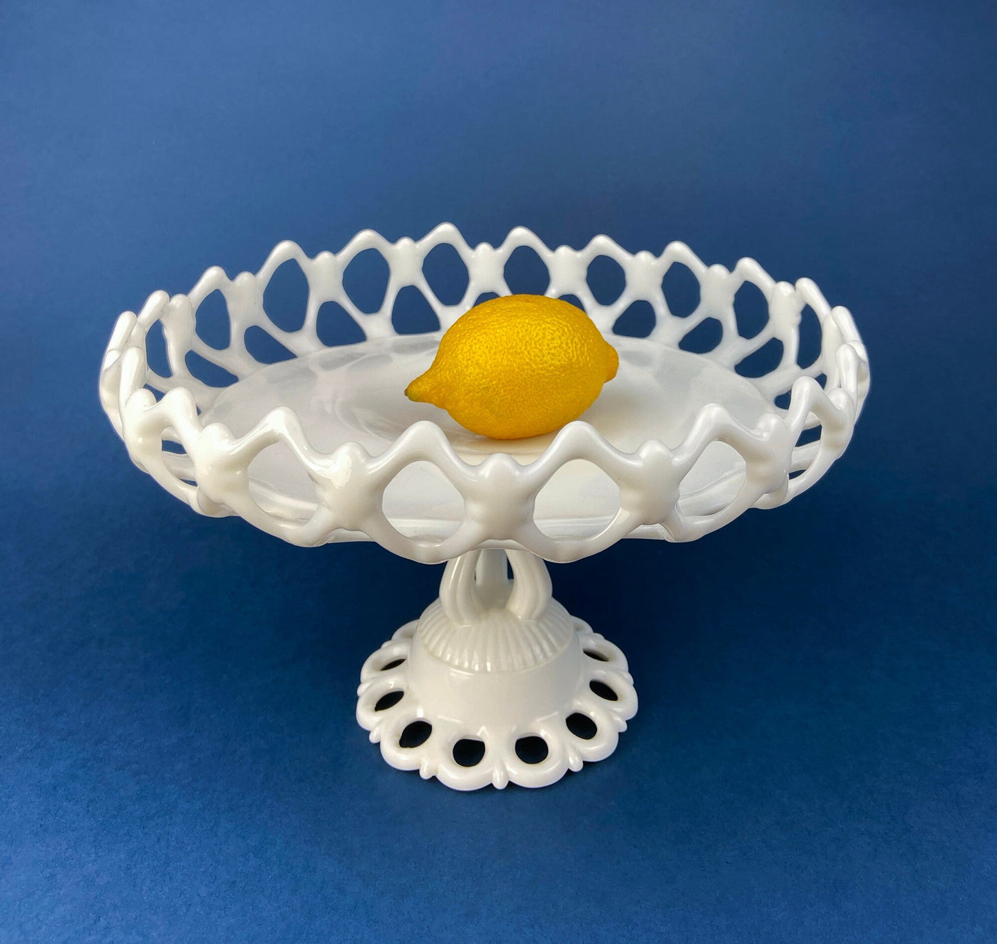 Westmoreland Milk Glass Pedestal Fruit Bowl. Doric Pattern with Lace Edge. 10" in Diameter.  Table Centerpiece. - Tampa Home & Garden Store