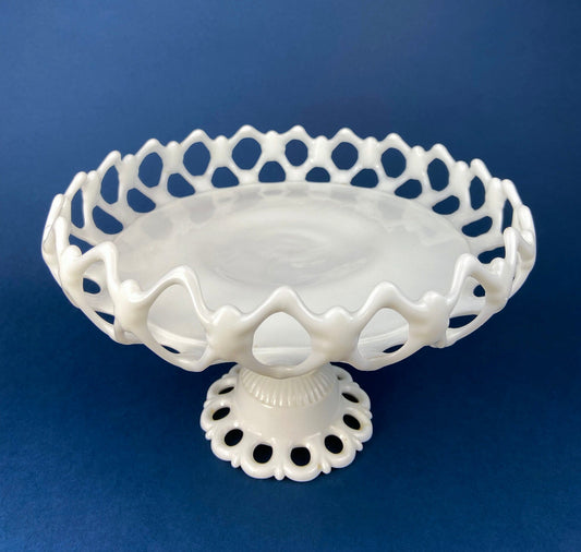 Westmoreland Milk Glass Pedestal Fruit Bowl. Doric Pattern with Lace Edge. 10" in Diameter.  Table Centerpiece. - Tampa Home & Garden Store