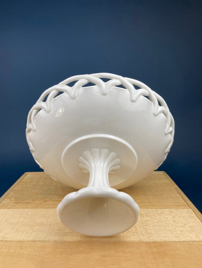 Westmoreland Milk Glass Pedestal Fruit Bowl. Doric Pattern with Lace Edge. 10" in Diameter.  Table Centerpiece. - Tampa Home & Garden Store