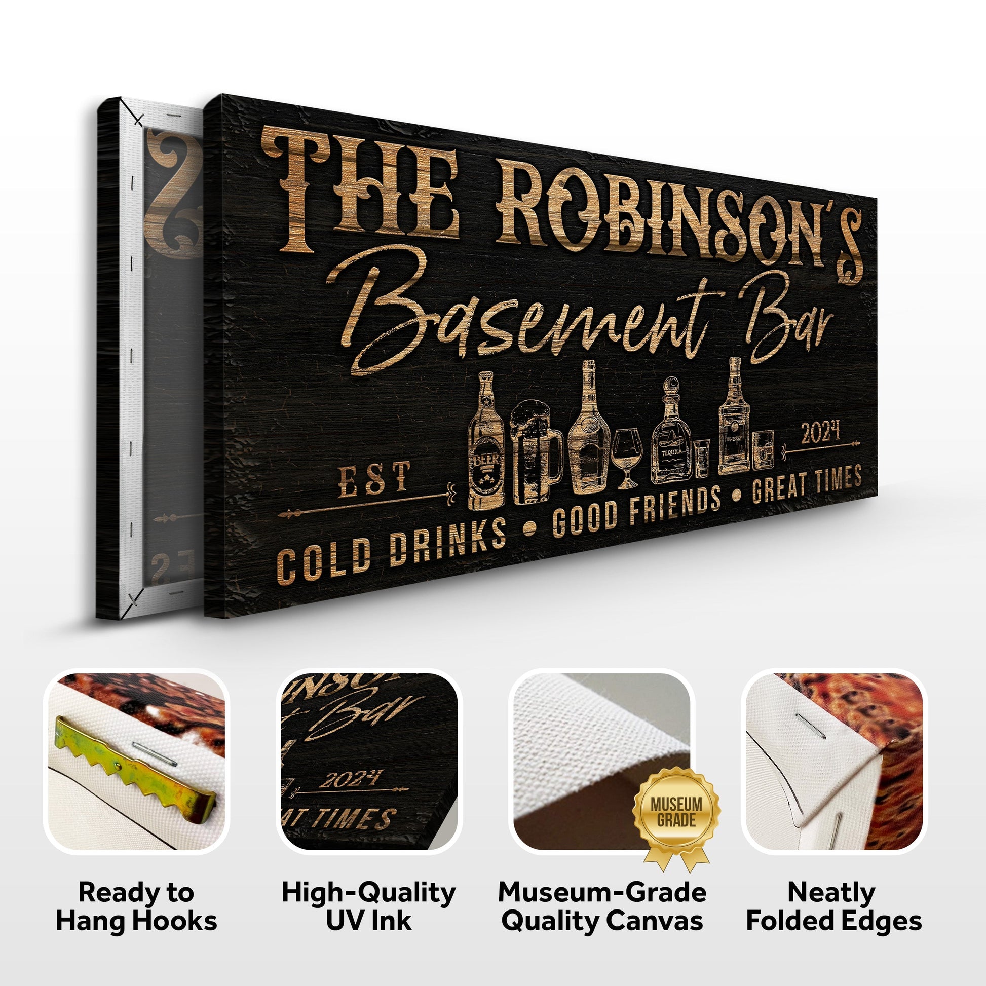 Personalized Basement Bar Sign III canvas with black wood grain and bronze lettering on Tampa Home & Garden Store