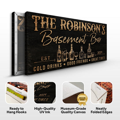 Personalized Basement Bar Sign III canvas with black wood grain and bronze lettering on Tampa Home & Garden Store