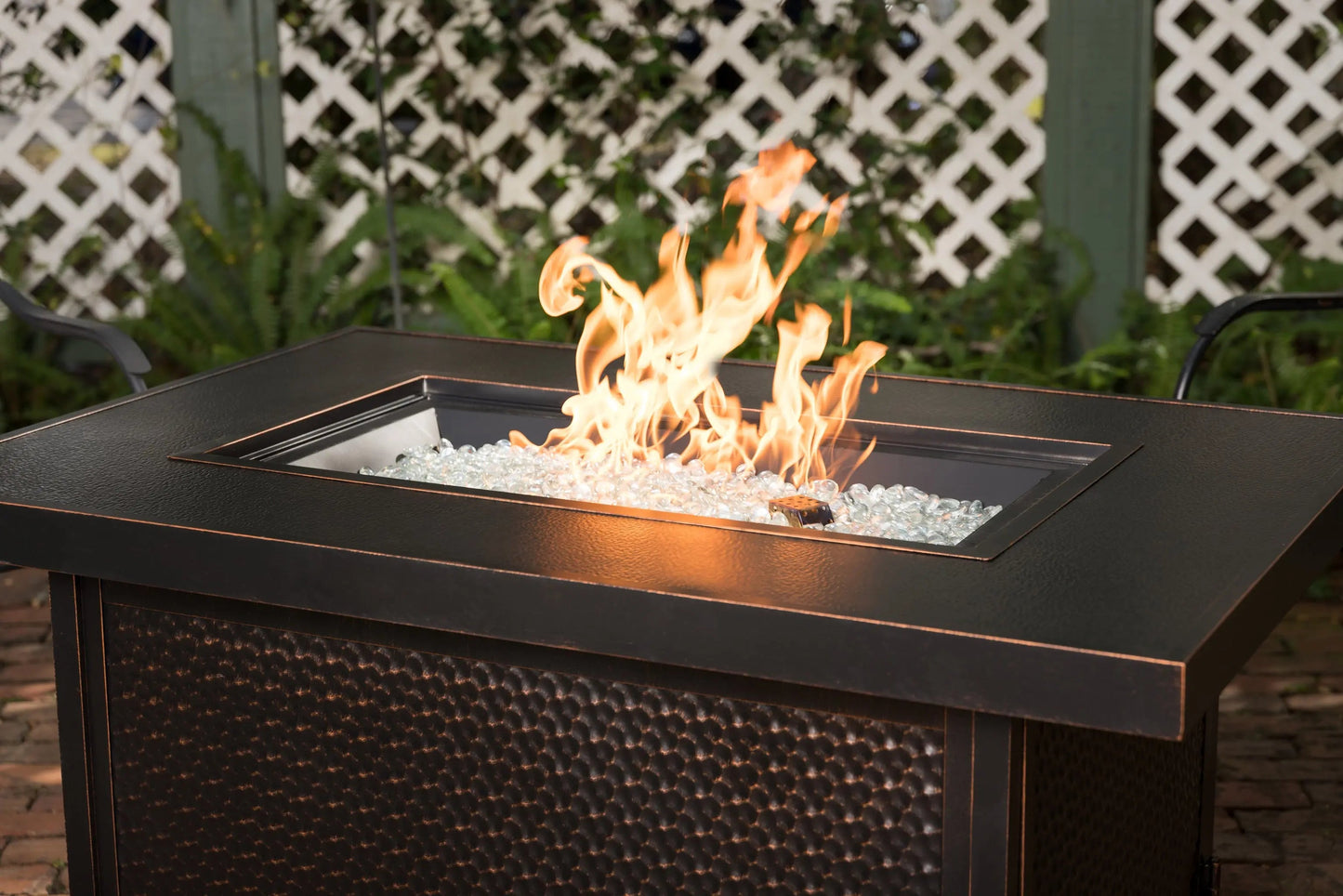 Weyland Rectangle Aluminum LPG Fire Pit with glass crystals and flames on Tampa Home & Garden Store
