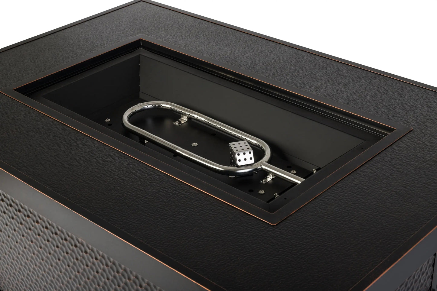 Weyland Rectangle Aluminum LPG Fire Pit black textured exterior copper trim Fire Sense on Tampa Home & Garden Store