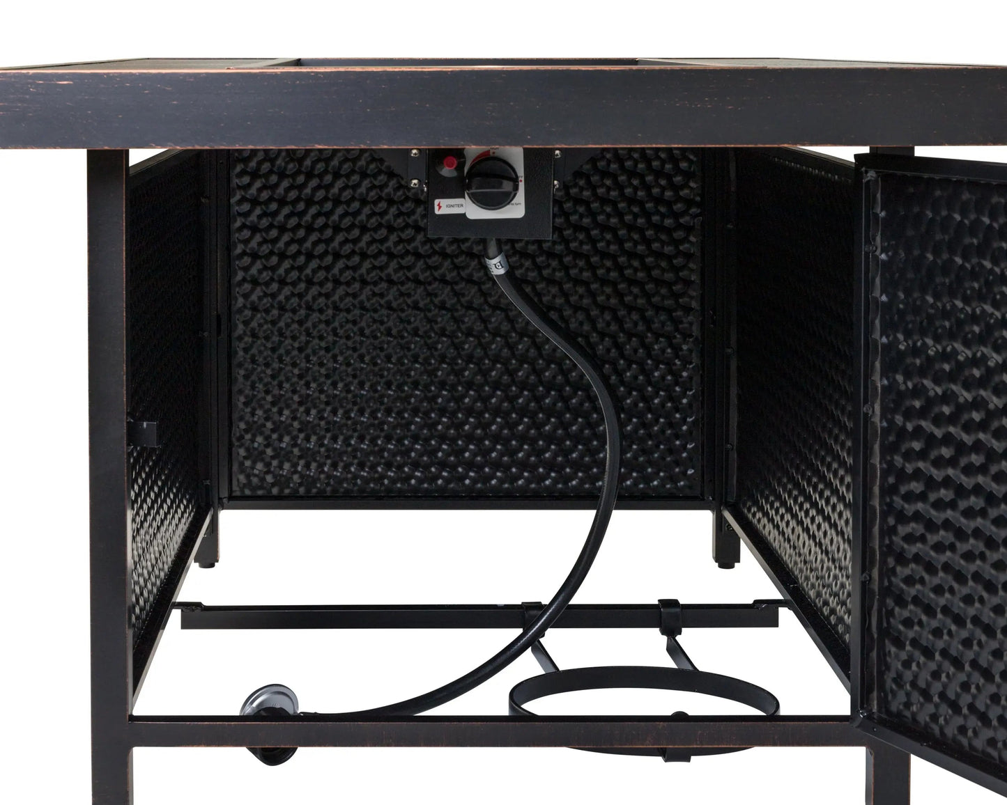 Weyland Rectangle Aluminum LPG Fire Pit black frame with wood-top and gas control panel on Tampa Home & Garden Store