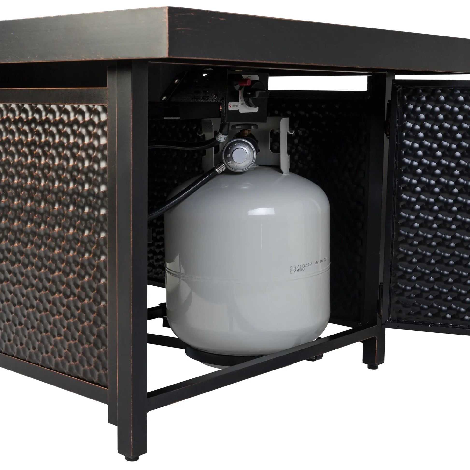 Weyland rectangle aluminum LPG gas fire pit with propane tank storage in black frame on Tampa Home & Garden Store