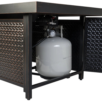 Weyland rectangle aluminum LPG gas fire pit with propane tank storage in black frame on Tampa Home & Garden Store