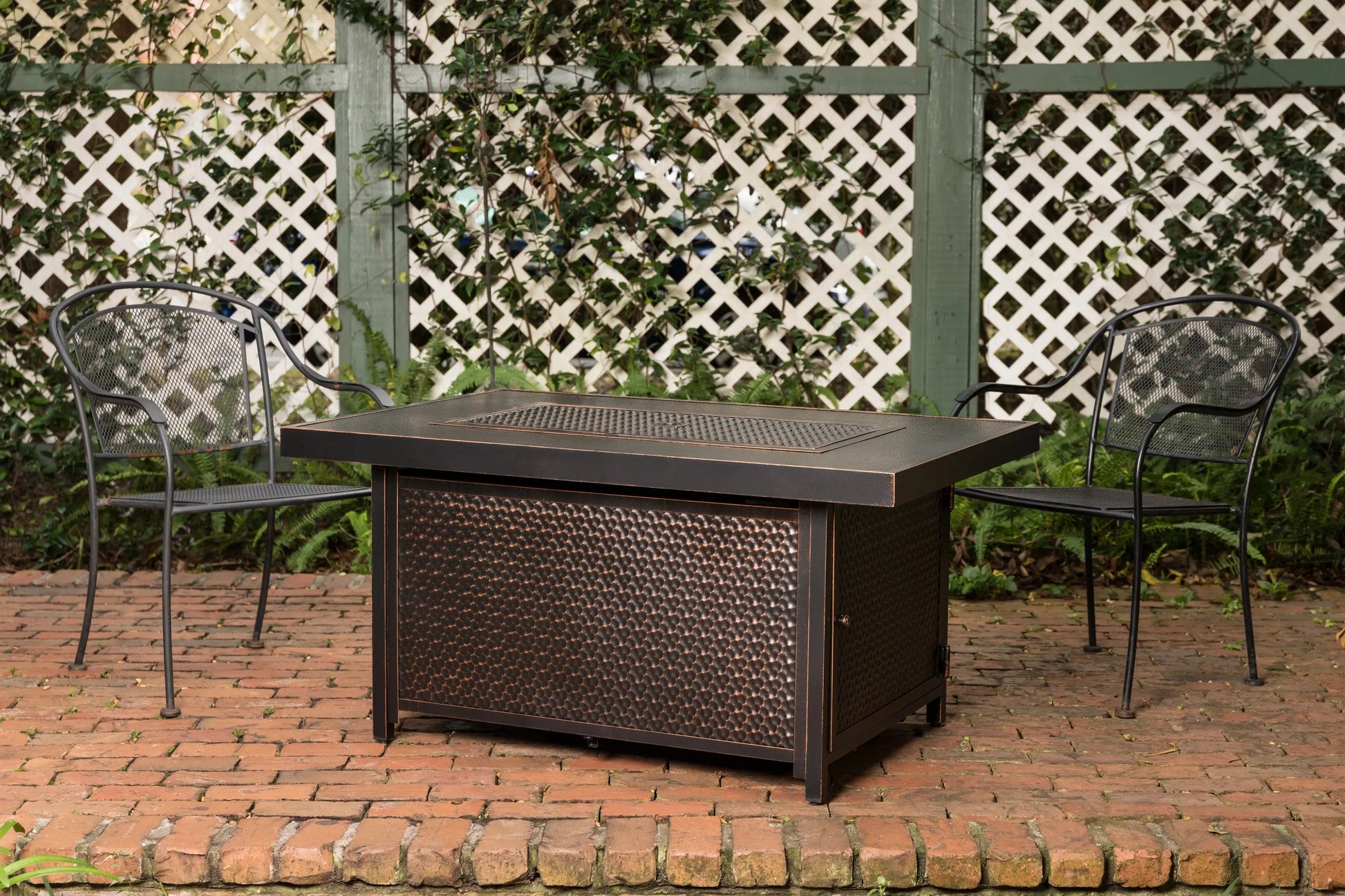 Weyland Rectangle Aluminum LPG Fire Pit with copper-toned hammered metal finish on Tampa Home & Garden Store