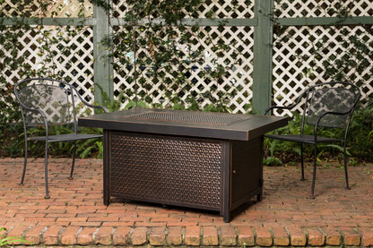 Weyland Rectangle Aluminum LPG Fire Pit with copper-toned hammered metal finish on Tampa Home & Garden Store