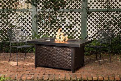 Weyland rectangle aluminum LPG gas fire pit on brick patio with chairs on Tampa Home & Garden Store