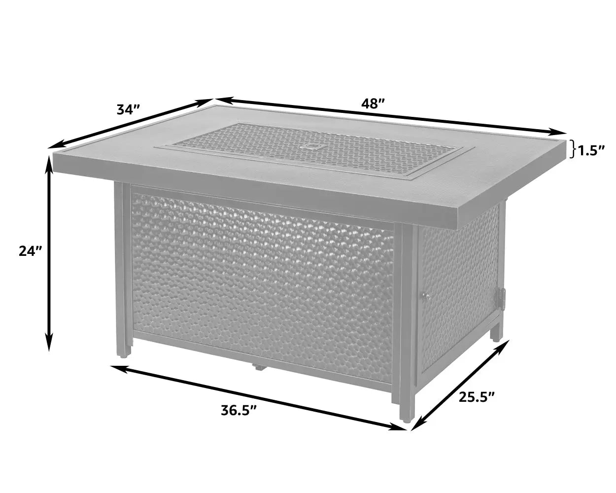 Weyland rectangular aluminum gas fire pit with hammered sides and mesh cover on Tampa Home & Garden Store