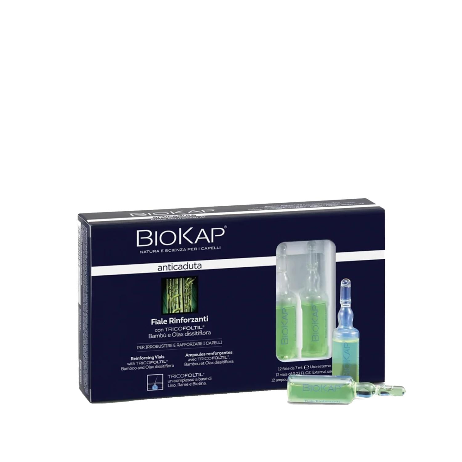 Biokap Hair Care Serum anti-hair loss kit in blue box with 12 ampoules 7ml; green ampoules visible on Tampa Home & Garden Store