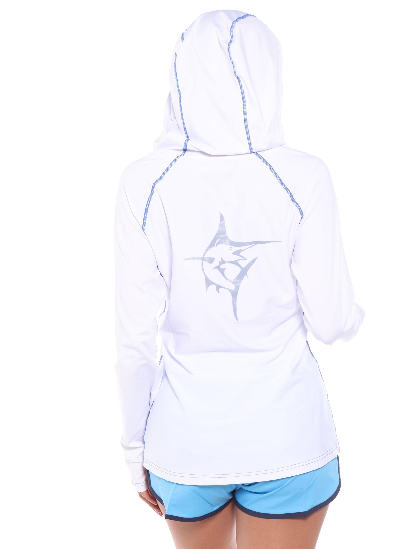 Seaside Performance Hoodie, white with blue seam piping and marlin back logo, blue shorts on Tampa Home & Garden Store