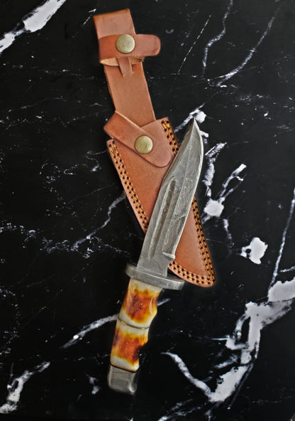Damascus hunting knife full tang, Titan International K TD-216, bone handle, tan leather sheath on Tampa Home & Garden Store