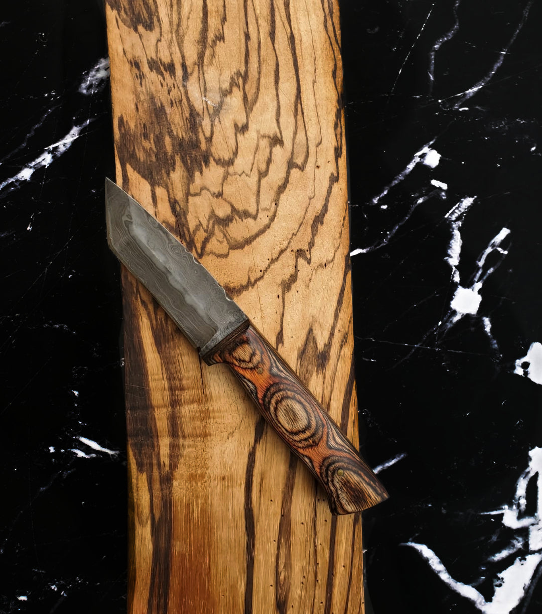 Custom 9in Damascus Tanto knife with carved diamond wood handle by Titan International K on Tampa Home & Garden Store