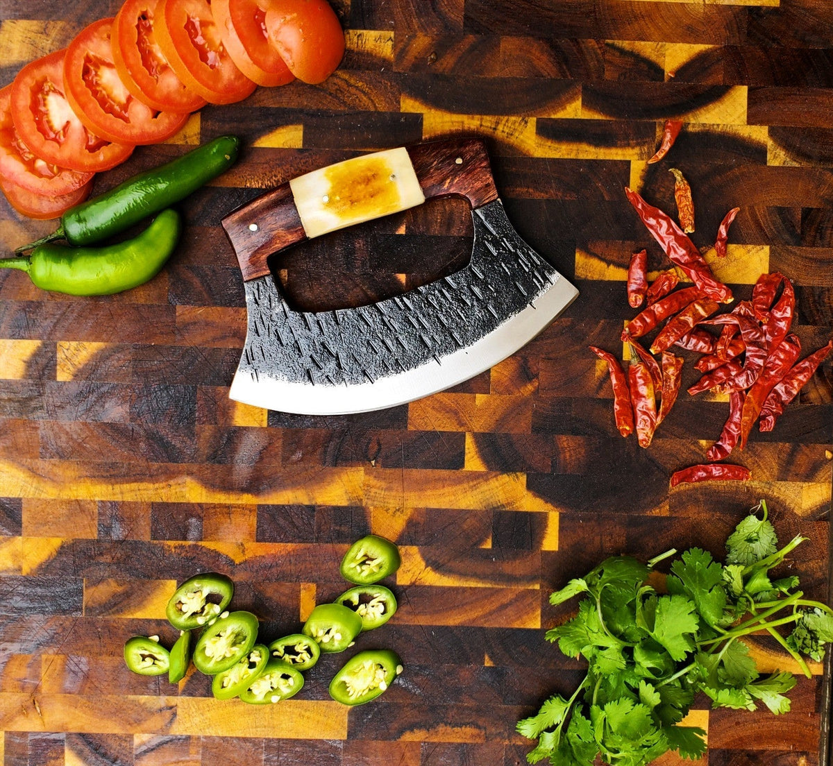 Custom Hand Forged Alaskan ULU Knife TC-37 with wood and bone handle, hammered blade on Tampa Home & Garden Store