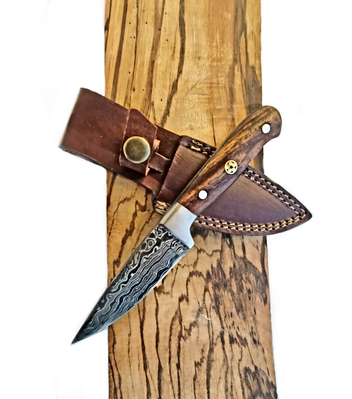 Cheff Damascus Pairing Knife TD-217 with wood handle and Damascus blade in brown leather sheath on Tampa Home & Garden Store