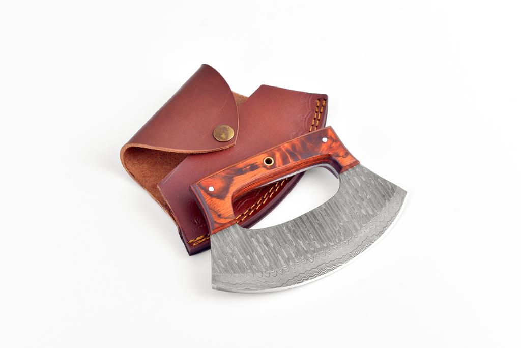 Damascus steel Alaskan ulu TK-074 by Titan International K with wood handle and leather sheath on Tampa Home & Garden Store