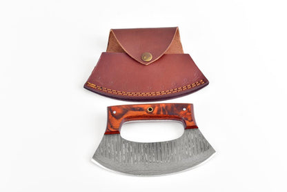 Damascus steel Alaskan ulu knife TK-074 with a rich wood handle and brown leather sheath by Titan International K on Tampa Home & Garden Store