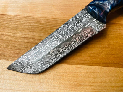 Damascus utility tanto blade by Titan TK-081 with swirling pattern and blue marbled handle on Tampa Home & Garden Store