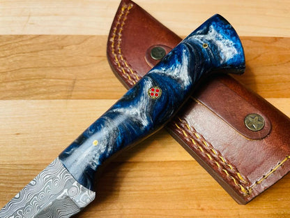 Titan Damascus utility tanto knife with blue marbled handle and brown leather sheath on Tampa Home & Garden Store