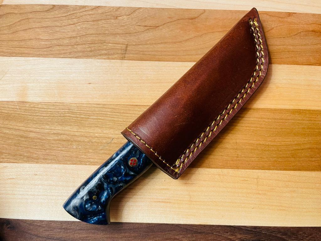 Damascus Utility Tanto blade by Titan with blue marbled handle in brown leather sheath on Tampa Home & Garden Store