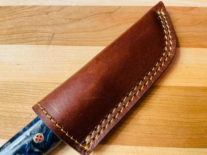 Damascus Tanto knife with blue handle in brown leather sheath with yellow stitching TK-081 on Tampa Home & Garden Store