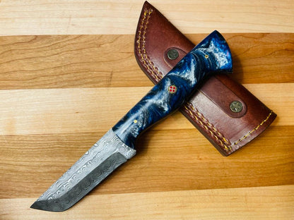 Damascus utility tanto knife with blue marbled resin handle and leather sheath, Titan TK-081 on Tampa Home & Garden Store