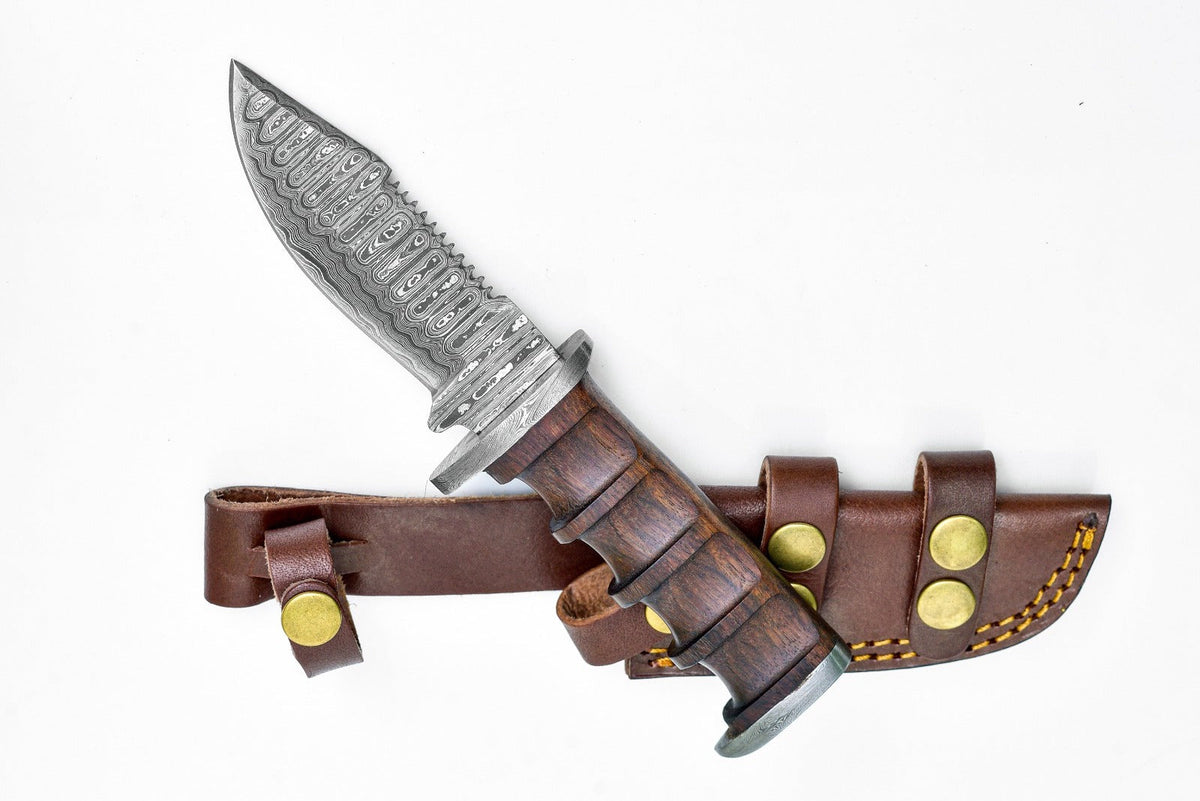 TD-105 knife by Titan International K Damascus blade, wooden handle, leather sheath on Tampa Home & Garden Store
