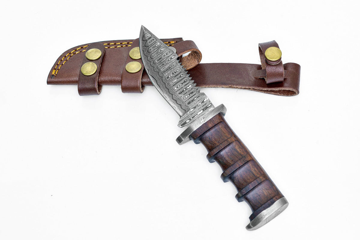 TD-105 Titan International K Damascus knife with wood grip in a brown leather sheath on Tampa Home & Garden Store