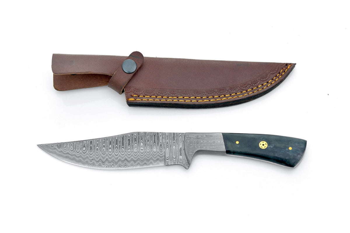 Damascus hunting knife by Titan TD-193 with patterned blade and dark handle, brown leather sheath on Tampa Home & Garden Store
