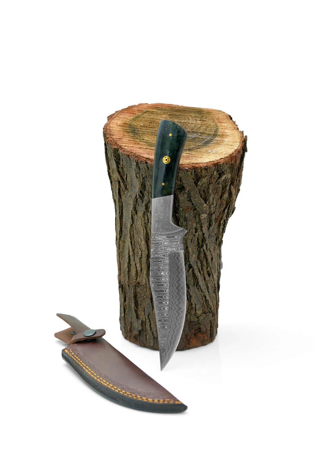 Hand forged Damascus hunting knife TD-193 by Titan with green handle, brass pins, leather sheath on Tampa Home & Garden Store