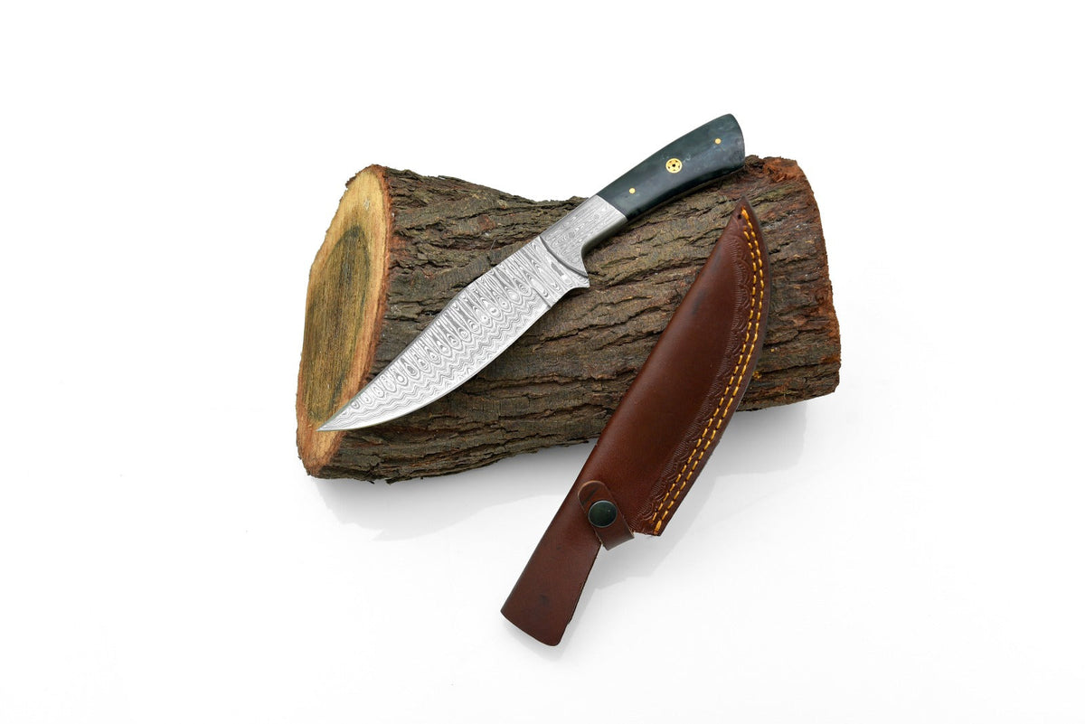 Titan Damascus hunting knife with green stabilized handle and patterned blade leather sheath on Tampa Home & Garden Store