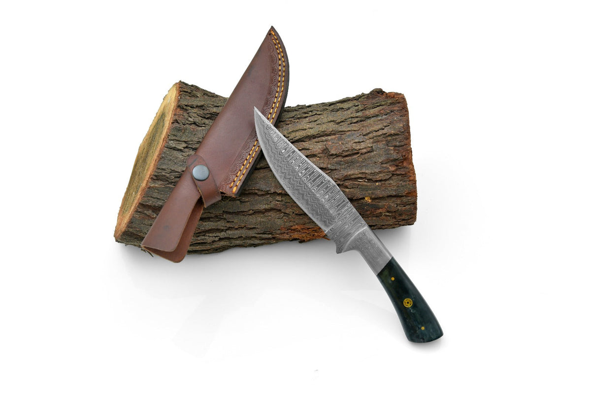 Hand forged Damascus hunting knife with leather sheath, Titan TD-193, green handle on Tampa Home & Garden Store