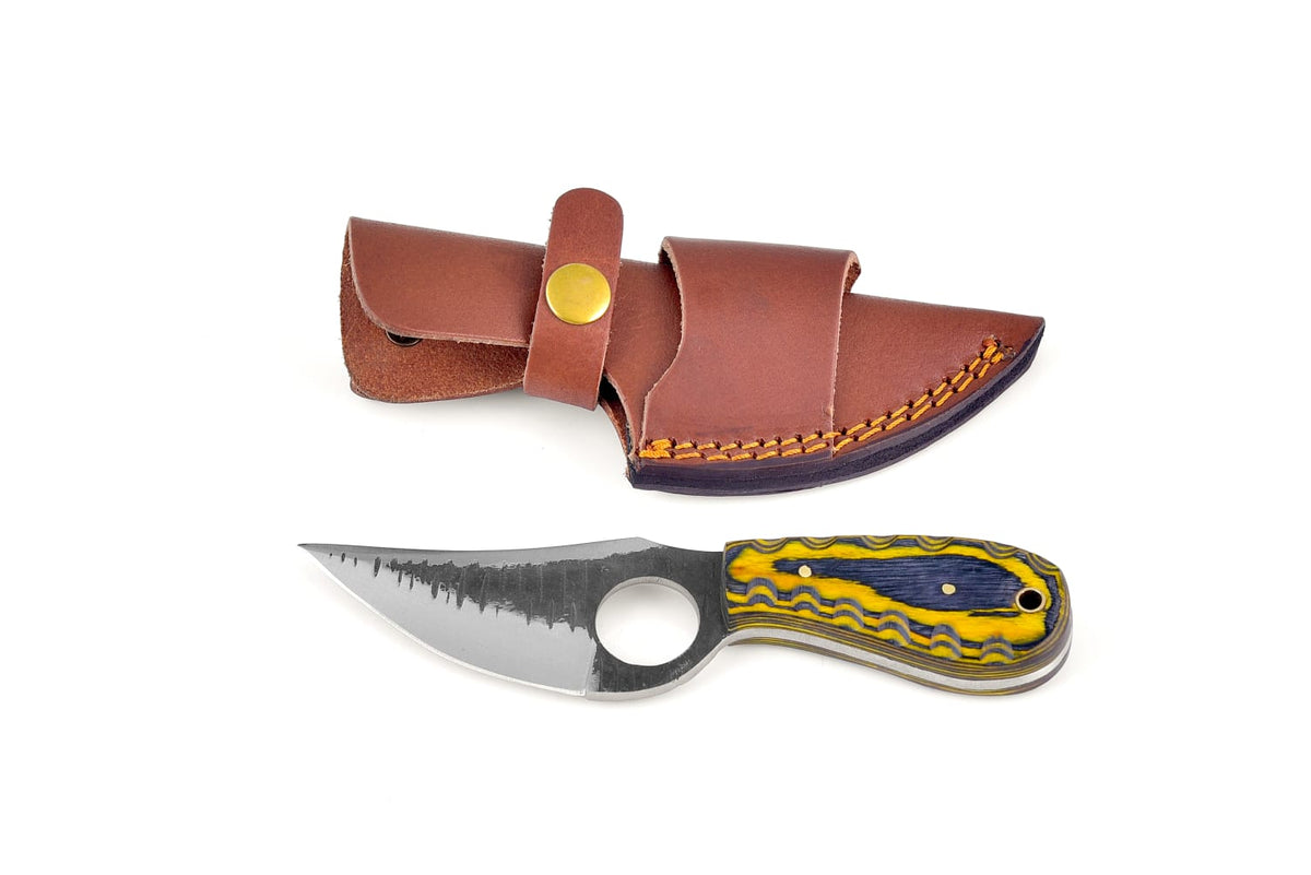 TC-066 hunting knife by Titan International K with blue yellow handle and leather sheath on Tampa Home & Garden Store