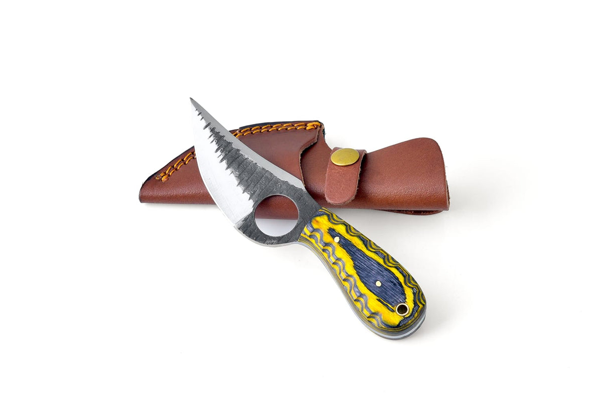 TC-066 hunting survival knife with serrated hawkbill blade and blue-yellow handle leather sheath on Tampa Home & Garden Store