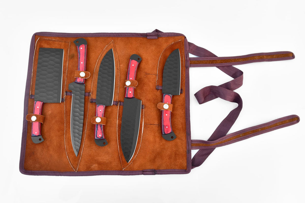 5-piece Damascus knife set Titan Int'l K in brown suede roll in purple bag; red-handled blades on Tampa Home & Garden Store