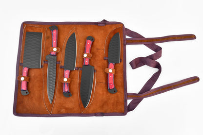 5-piece Damascus knife set Titan Int'l K in brown suede roll in purple bag; red-handled blades on Tampa Home & Garden Store