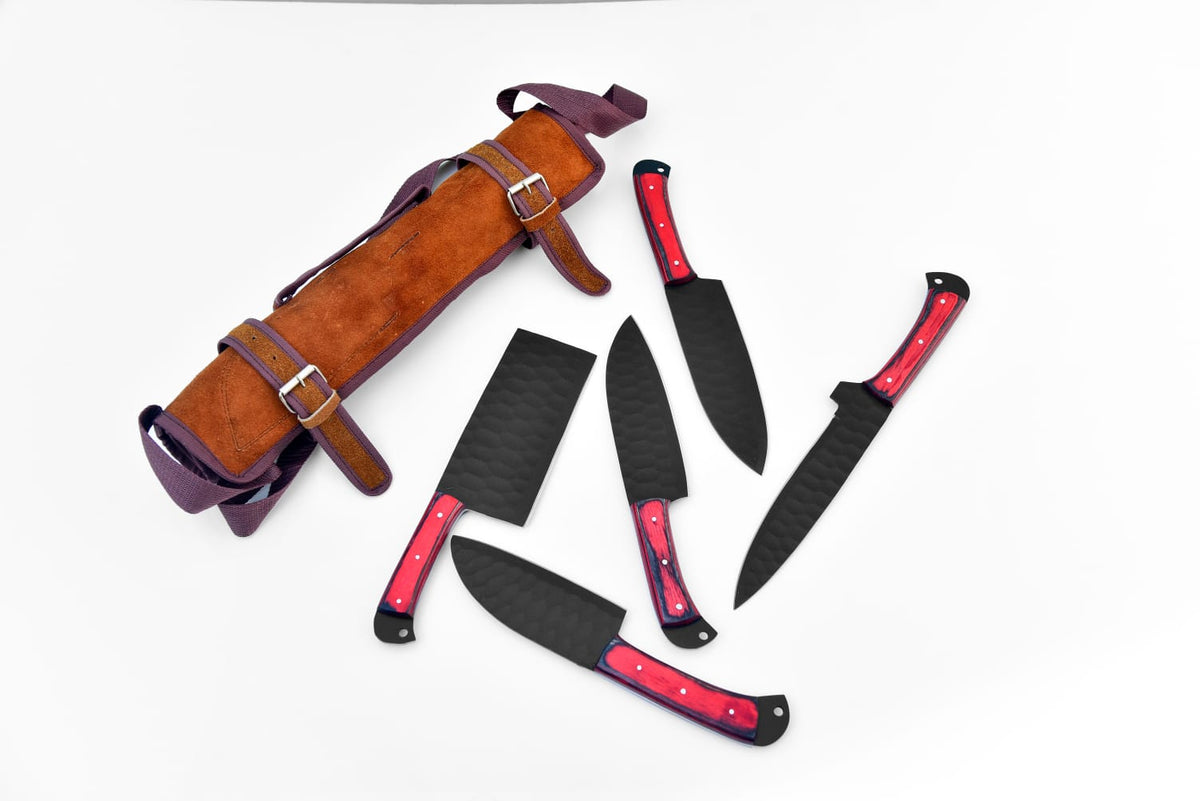 5-Piece Damascus steel knife set with red handles and leather carry bag by Titan International K on Tampa Home & Garden Store