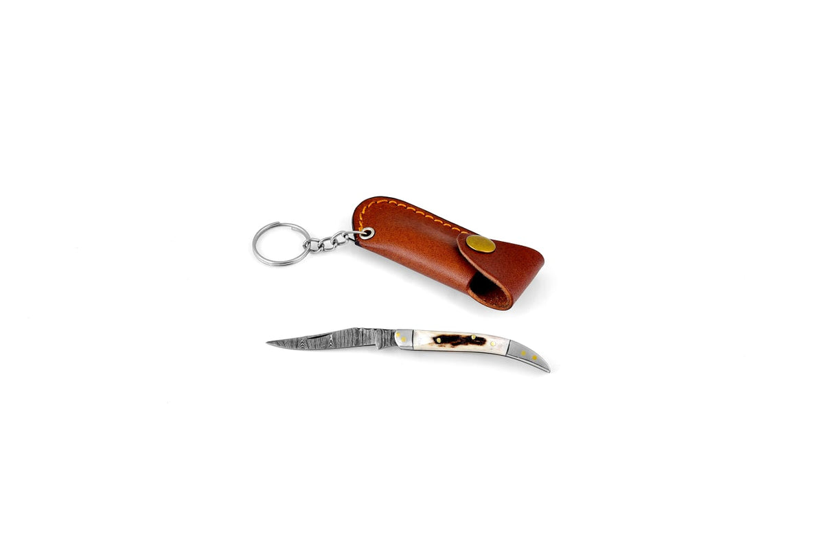 Damascus Toothpick TF-11 folding knife with bone handle and brown leather sheath by Titan Intl K on Tampa Home & Garden Store