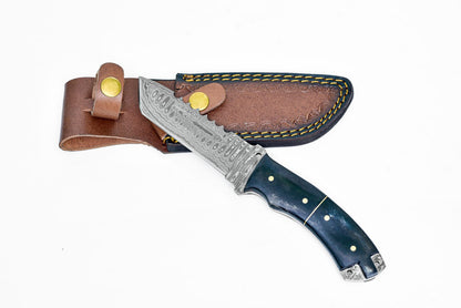 Titan International K TD-039XM Damascus steel tanto knife with blue handle and brass pins in leather sheath on Tampa Home & Garden Store